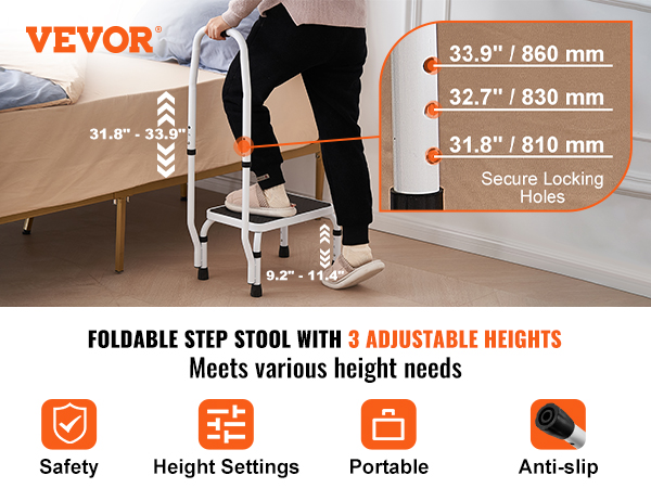 VEVOR step stool with handle in bedroom, adjusts to 3 heights, anti-slip, and portable with safety features.