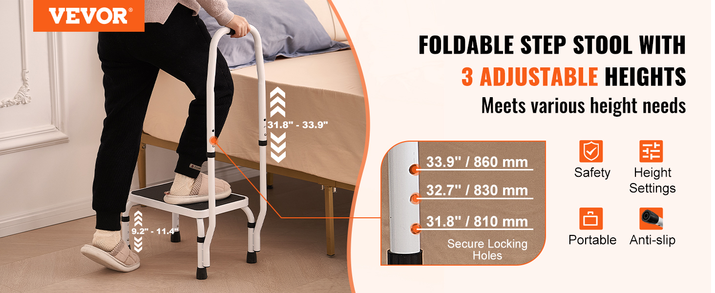 VEVOR step stool with handle in bedroom, adjusts to 3 heights, anti-slip, and portable with safety features.