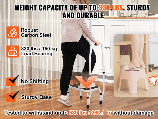 VEVOR step stool in use, robust carbon steel, 330 lbs load, no shifting, sturdy base, safer alternative.