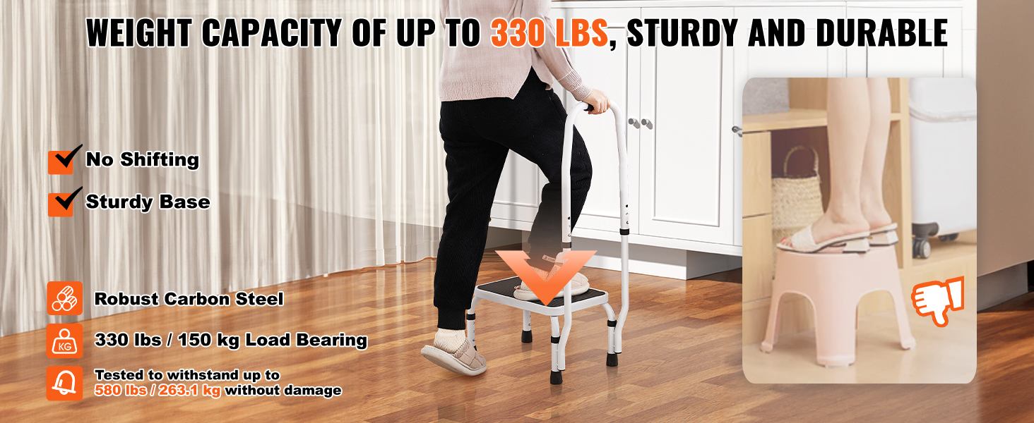 VEVOR step stool in use, robust carbon steel, 330 lbs load, no shifting, sturdy base, safer alternative.