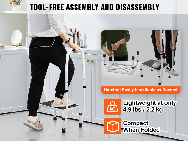 person using the lightweight and compact VEVOR step stool with tool-free assembly in a kitchen.
