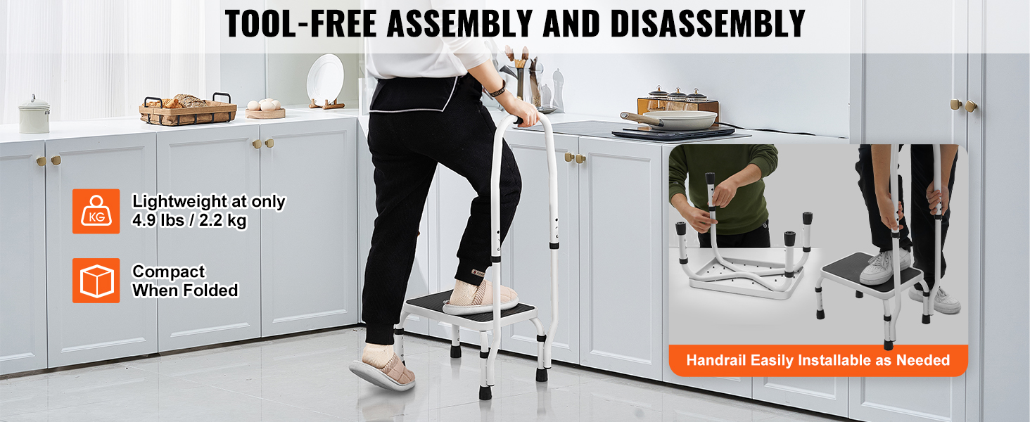 person using the lightweight and compact VEVOR step stool with tool-free assembly in a kitchen.
