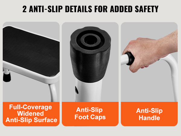 2 anti-slip details on VEVOR step stool: anti-slip surface, foot caps, and secure grip handle.