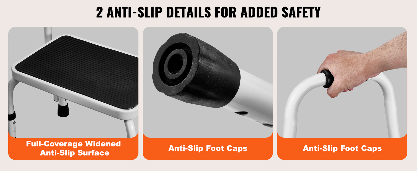 2 anti-slip details on VEVOR step stool: anti-slip surface, foot caps, and secure grip handle.