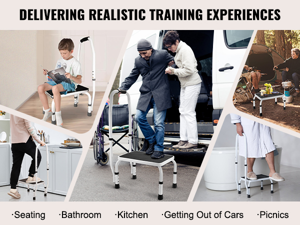 VEVOR step stool used for various purposes: in the kitchen, bathroom, camping, and getting out of cars.