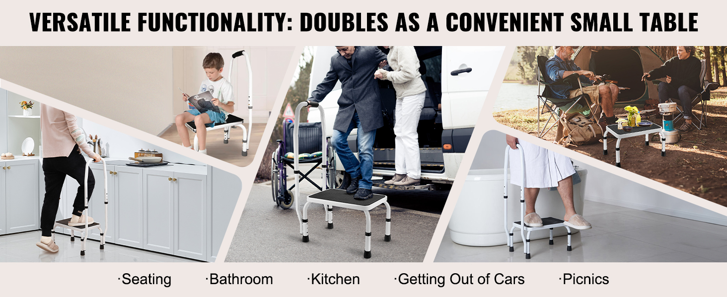VEVOR step stool used for various purposes: in the kitchen, bathroom, camping, and getting out of cars.