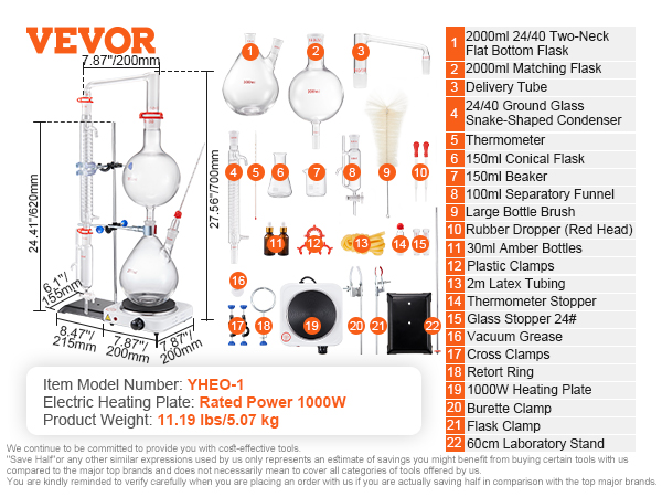 VEVOR essential oil distillation kit including flasks, condenser, heating plate, and accessories.
