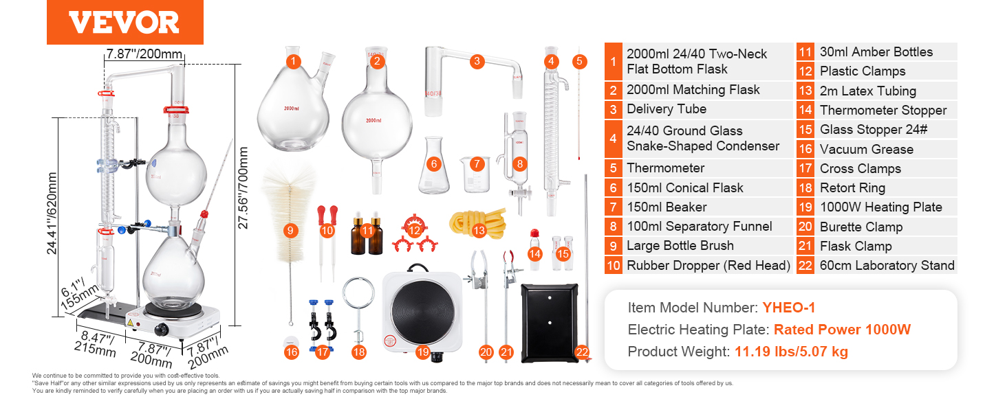 VEVOR essential oil distillation kit including flasks, condenser, heating plate, and accessories.