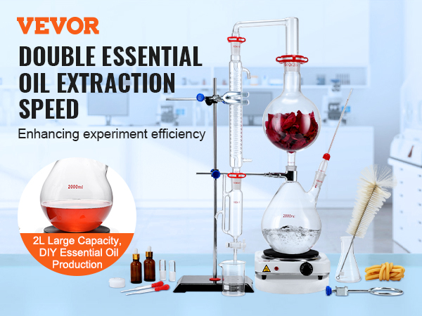 VEVOR essential oil distillation kit for double extraction speed with 2l capacity in a lab setting.