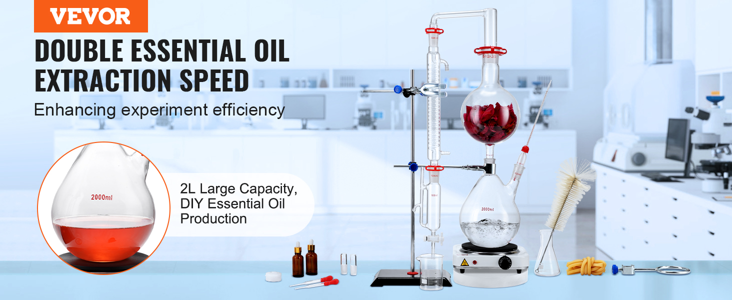 VEVOR essential oil distillation kit for double extraction speed with 2l capacity in a lab setting.