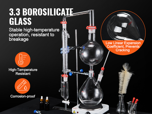 VEVOR essential oil distillation kit with 3.3 borosilicate glass, high-temperature resistant, corrosion-proof.