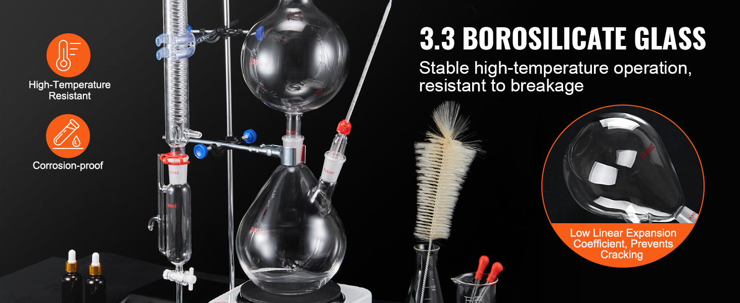VEVOR essential oil distillation kit with 3.3 borosilicate glass, high-temperature resistant, corrosion-proof.