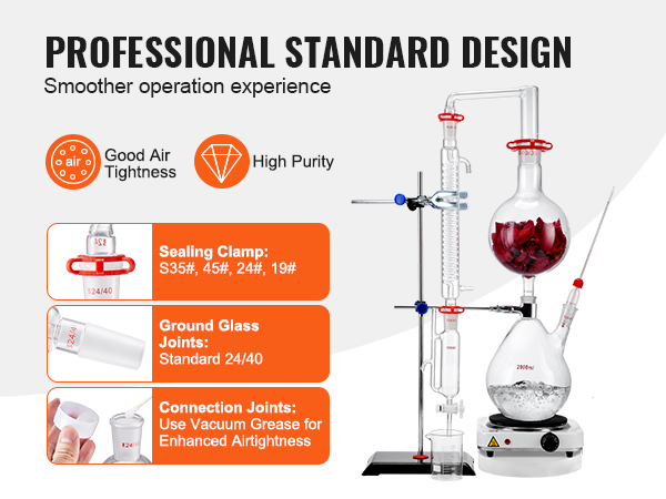 VEVOR essential oil distillation kit with sealing clamp, ground glass joints, and connection joints.