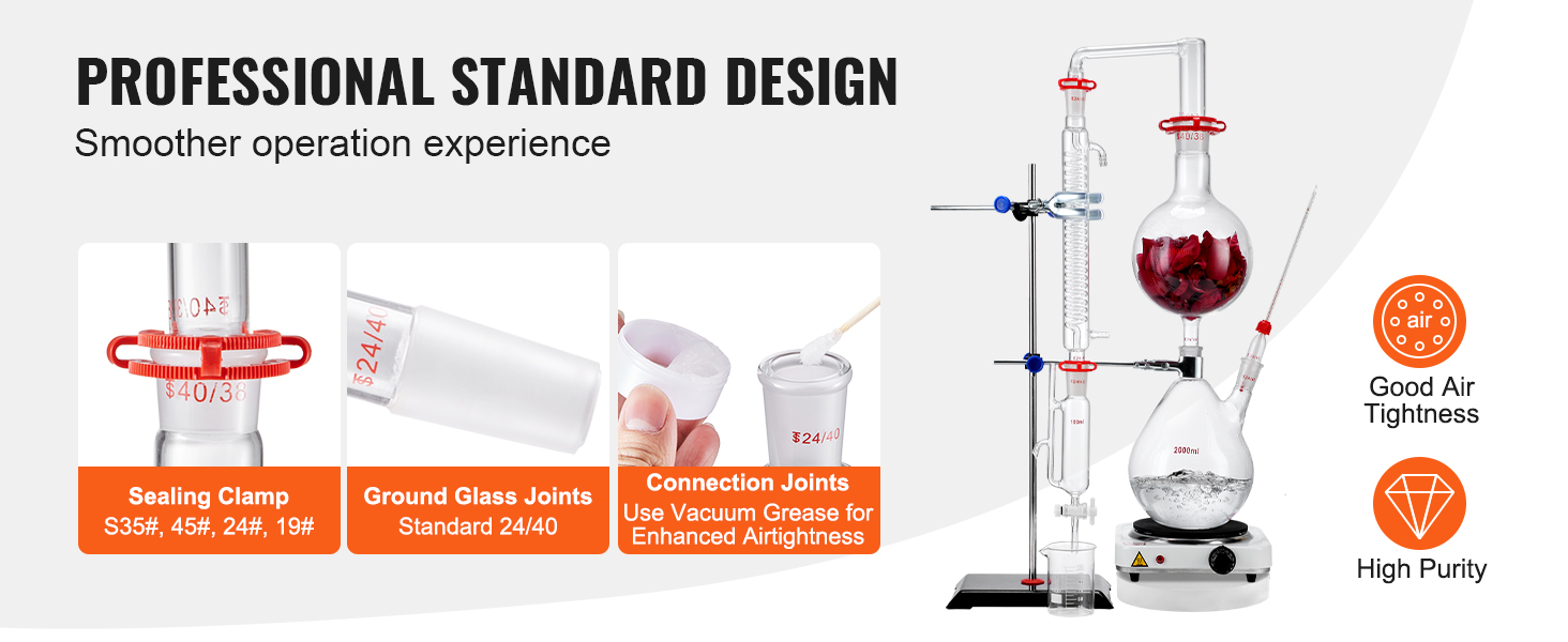 VEVOR essential oil distillation kit with sealing clamp, ground glass joints, and connection joints.