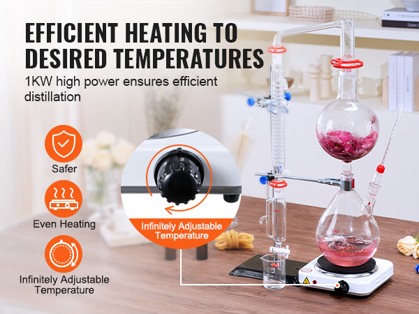 VEVOR essential oil distillation kit on a table with safety and heating diagram, glass apparatus, and adjustable temperature.