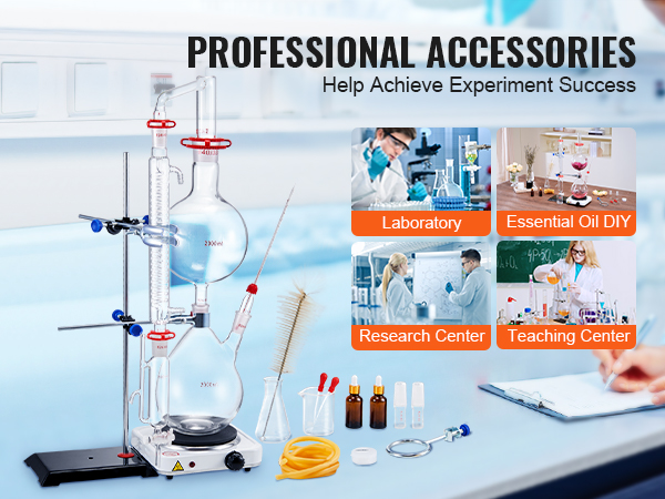 VEVOR essential oil distillation kit displayed in laboratory, essential oil diy, research, and teaching settings.