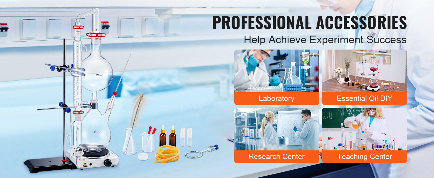 VEVOR essential oil distillation kit displayed in laboratory, essential oil diy, research, and teaching settings.