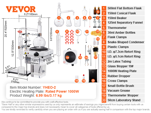 VEVOR essential oil distillation kit with flasks, condensers, heating plate, and various lab accessories.