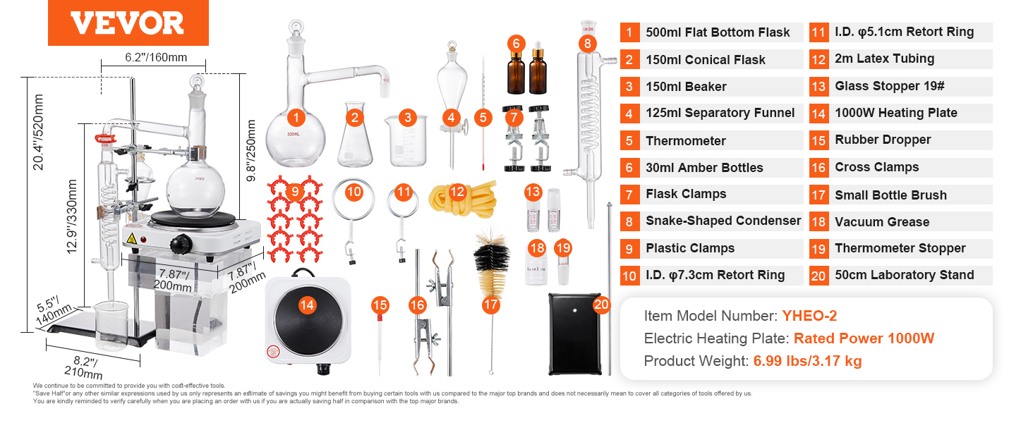 VEVOR essential oil distillation kit with flasks, condensers, heating plate, and various lab accessories.