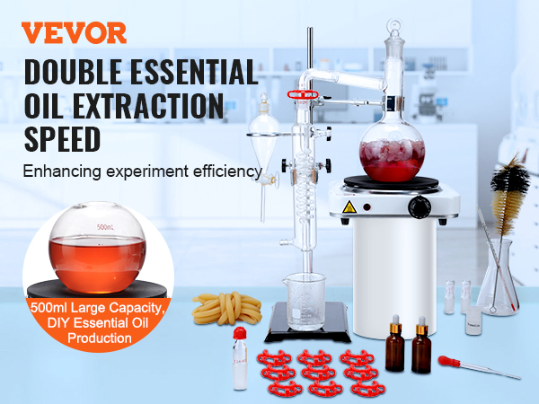 VEVOR essential oil distillation kit for fast extraction, 500ml capacity, perfect for diy oil production.