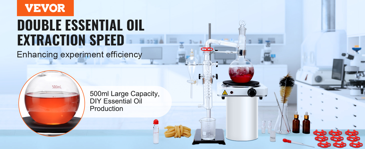 VEVOR essential oil distillation kit for fast extraction, 500ml capacity, perfect for diy oil production.