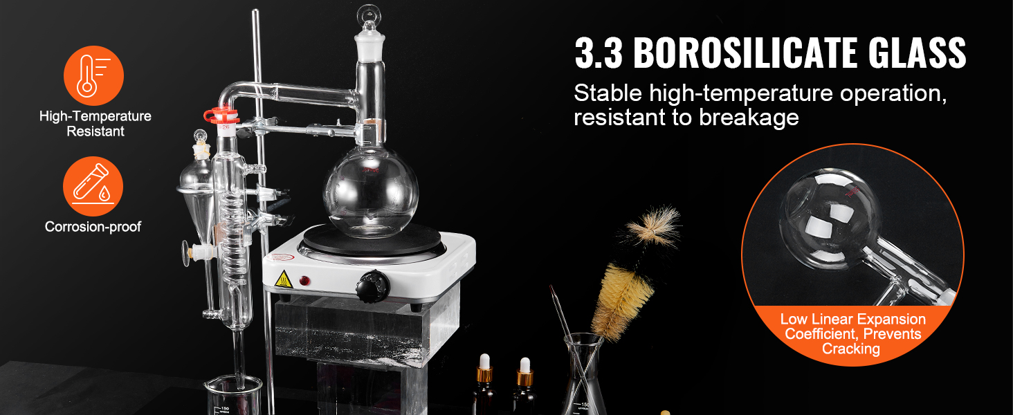 VEVOR essential oil distillation kit with 3.3 borosilicate glass, high-temperature resistant and corrosion-proof.