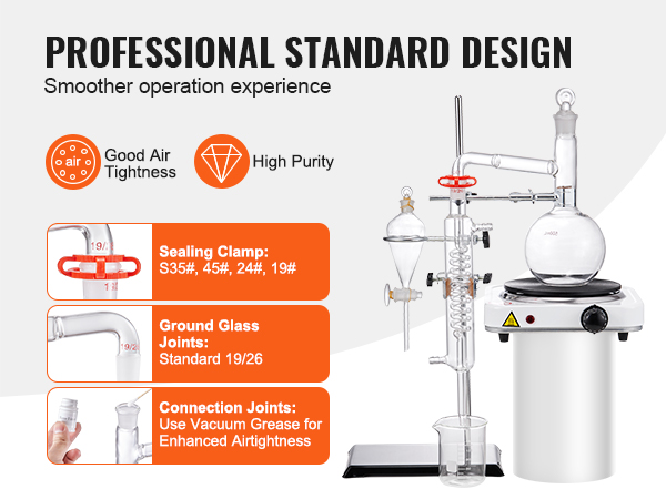 professional VEVOR essential oil distillation kit with sealing clamps, ground glass joints, and vacuum grease.