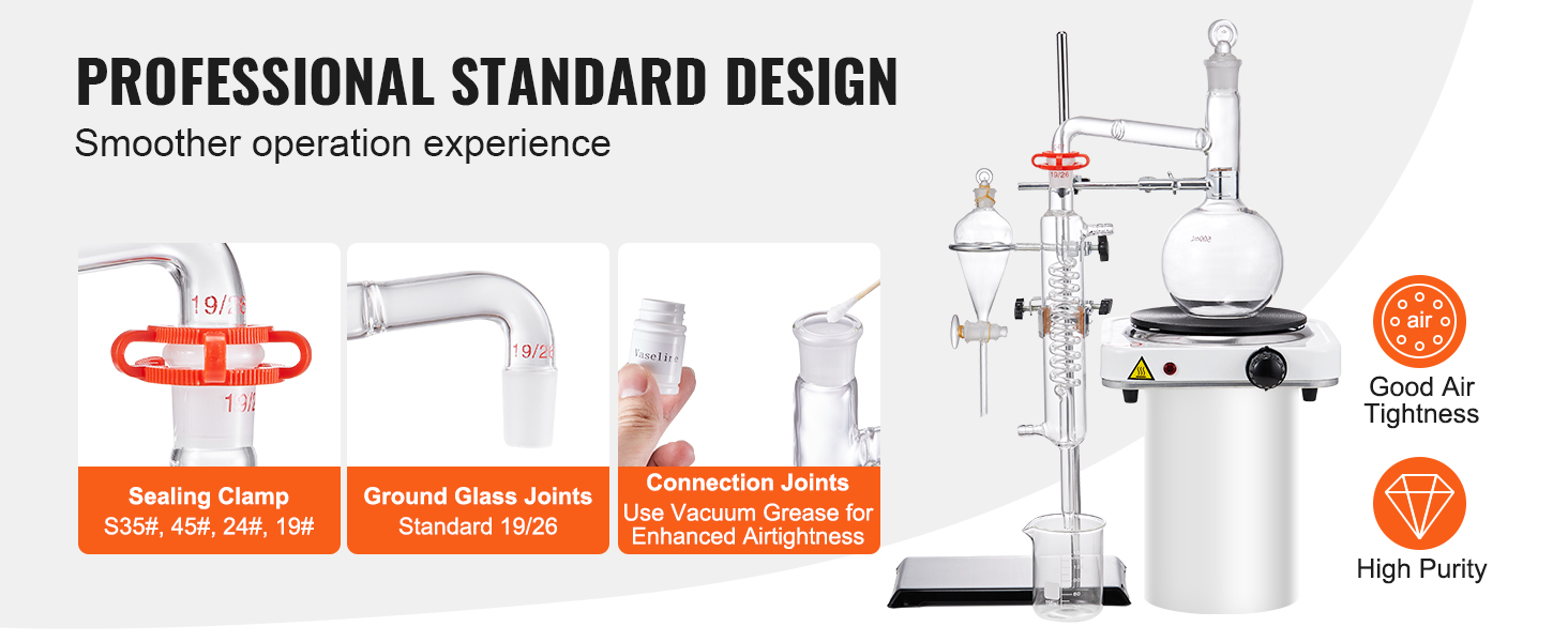 professional VEVOR essential oil distillation kit with sealing clamps, ground glass joints, and vacuum grease.