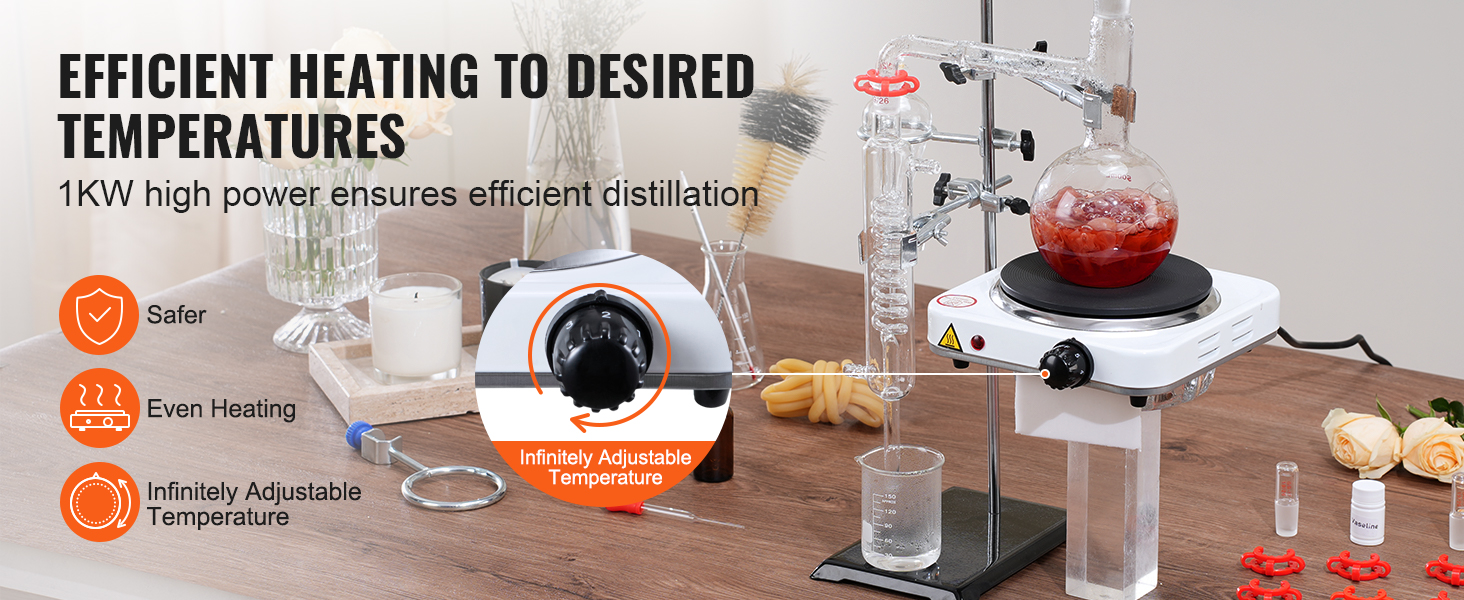 VEVOR essential oil distillation kit with 1kw heating power, adjustable temperature, and even heating.