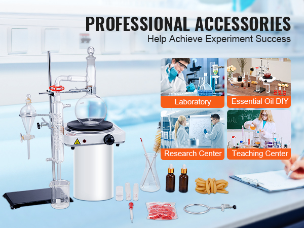 VEVOR essential oil distillation kit displayed with laboratory accessories for professional experiments.