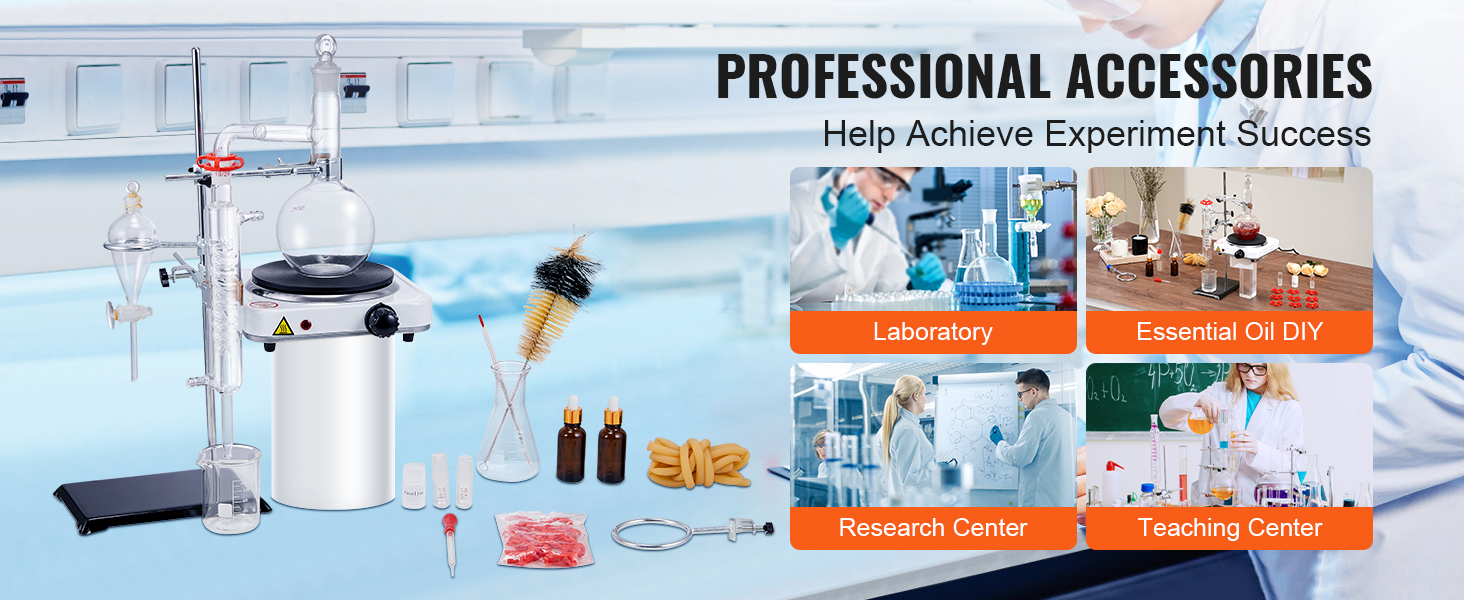 VEVOR essential oil distillation kit displayed with laboratory accessories for professional experiments.