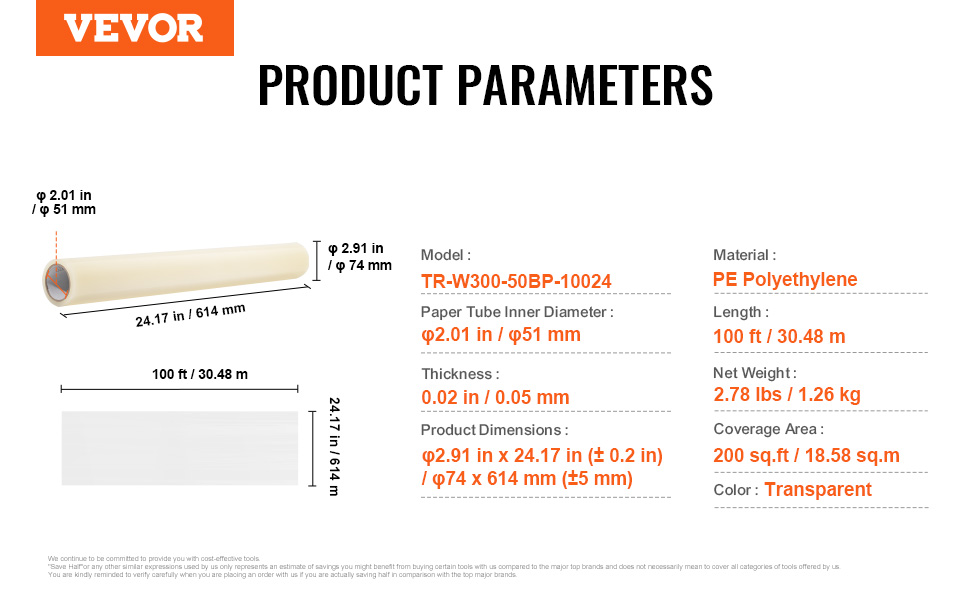 VEVOR carpet protection film specs: pe polyethylene, 100ft length, 2.78 lbs, 200 sq.ft coverage, transparent.