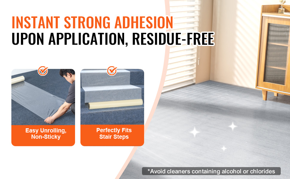 easy unrolling VEVOR carpet protection film, strong adhesion, residue-free application on stairs.