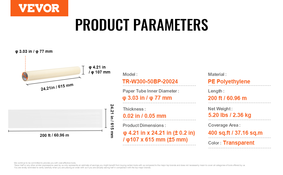 VEVOR carpet protection film specs with model, dimensions, weight, length, and coverage area details.