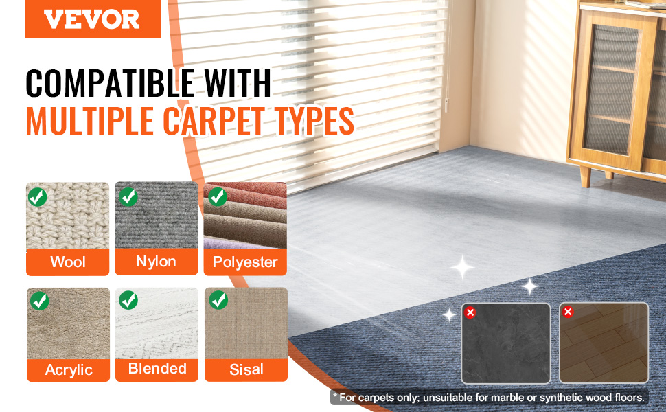VEVOR carpet protection film is compatible with wool, nylon, polyester, acrylic, blended, and sisal carpets.