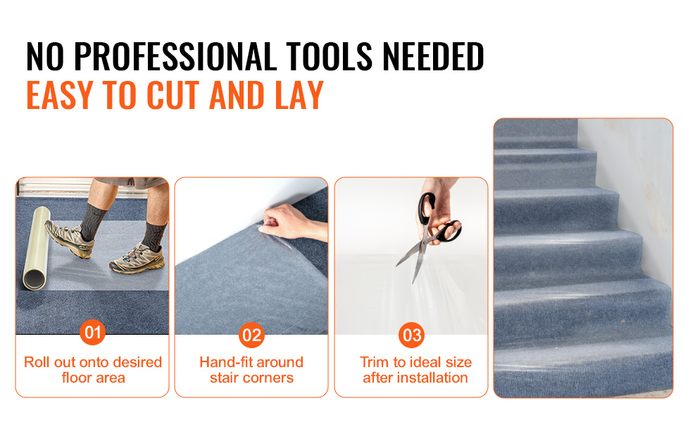 easy installation of VEVOR carpet protection film: roll out, hand-fit, and trim to fit stair corners.