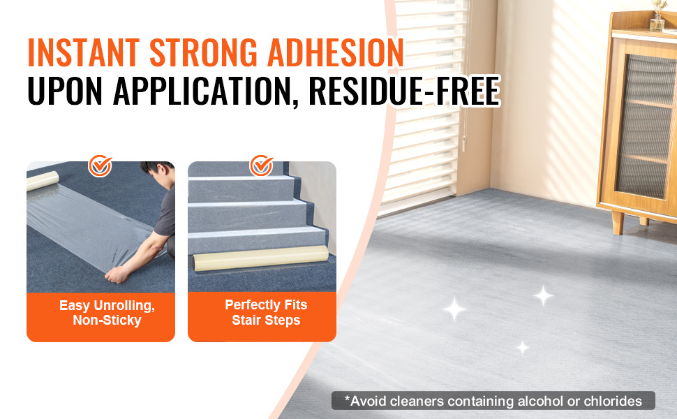 VEVOR carpet protection film with easy unrolling, non-sticky, and perfect for stair steps.