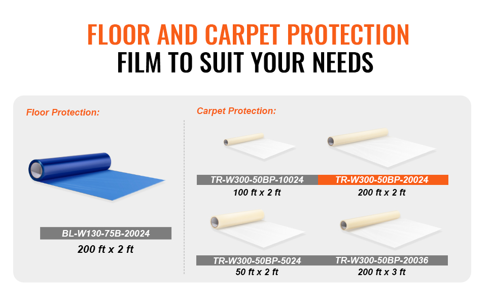 VEVOR carpet protection film options: various lengths and widths, including 200 ft x 2 ft and more.