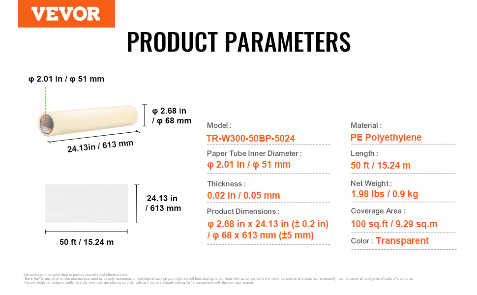 VEVOR carpet protection film details with dimensions, weight, and material specifications on white background.