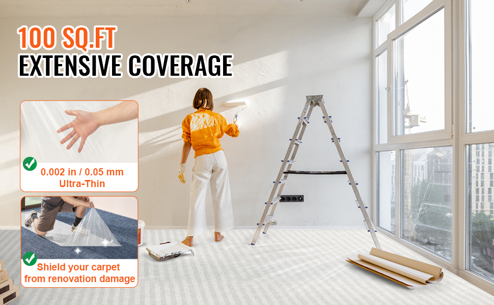 VEVOR carpet protection film, 100 sq.ft coverage, shields carpets from renovation damage, ultra-thin 0.05 mm.