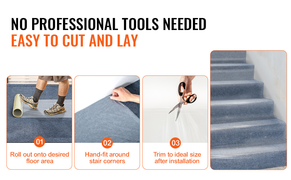 VEVOR carpet protection film steps: roll out, hand-fit around corners, and trim to size. no tools needed.