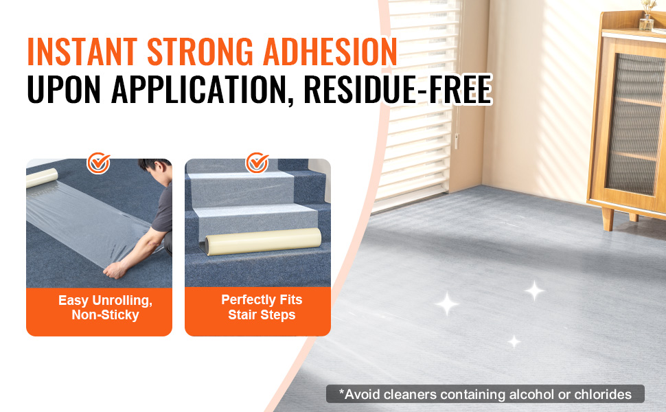 VEVOR carpet protection film offers residue-free, strong adhesion, easy unrolling, and fits stair steps.