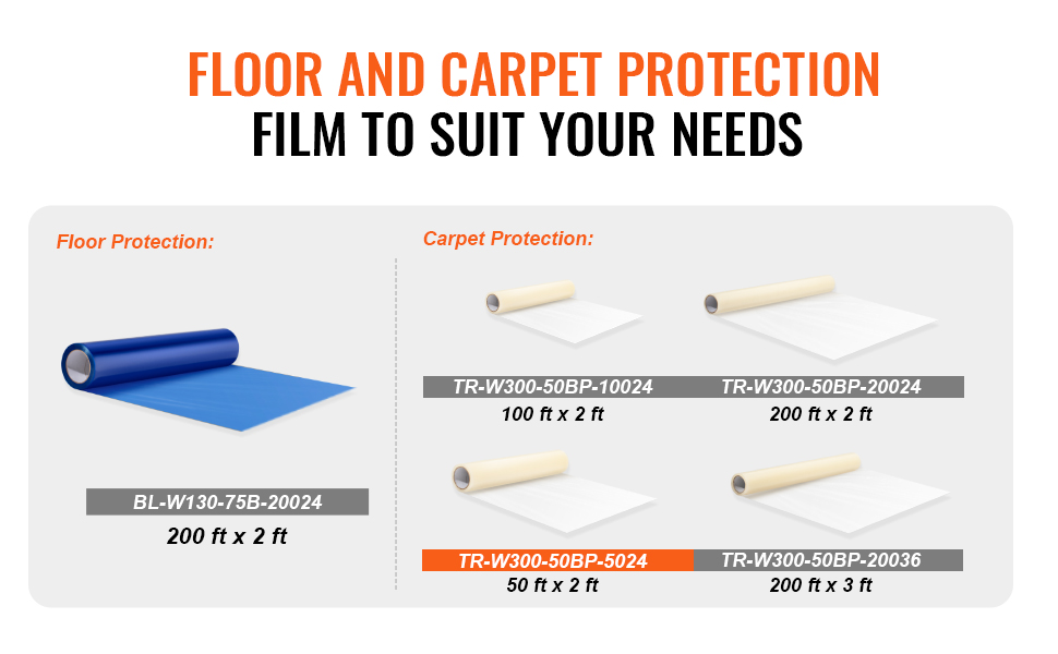 floor and carpet protection film options labeled bl-w130-75b-20024 and tr-w300-50bp series.