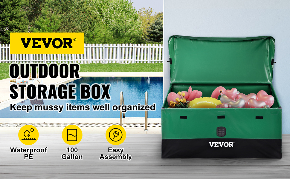 VEVOR outdoor storage box by the pool, green with 100-gallon capacity, waterproof pe, and easy assembly.