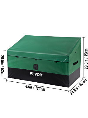 green and black VEVOR outdoor storage box with dimensions: 48in x 24.8in x 29.5in.