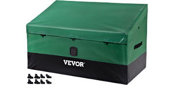 green VEVOR outdoor storage box with black base, secure lock, and included corner pieces.