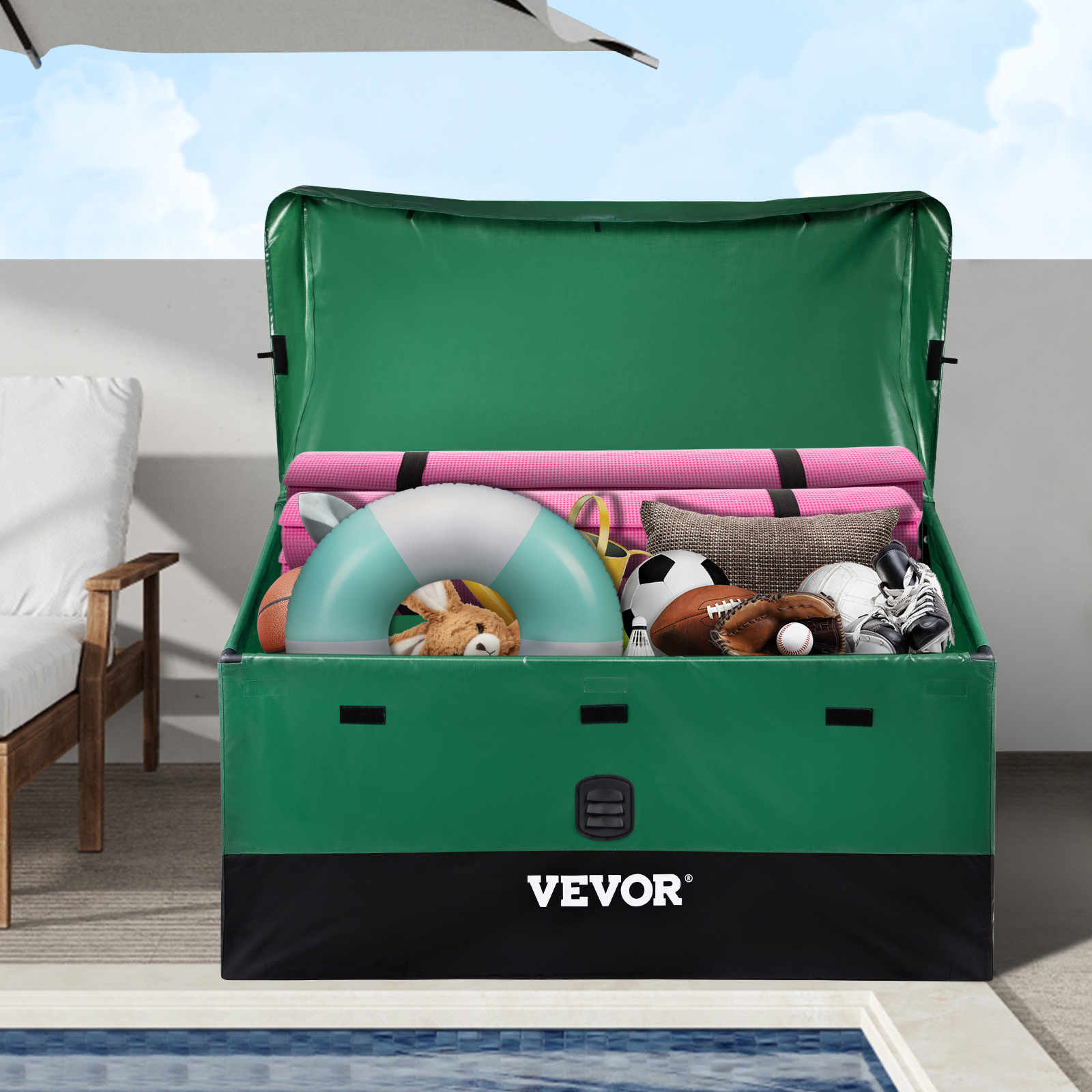 VEVOR outdoor storage box filled with sports equipment, flotation devices, and pool accessories by a pool.