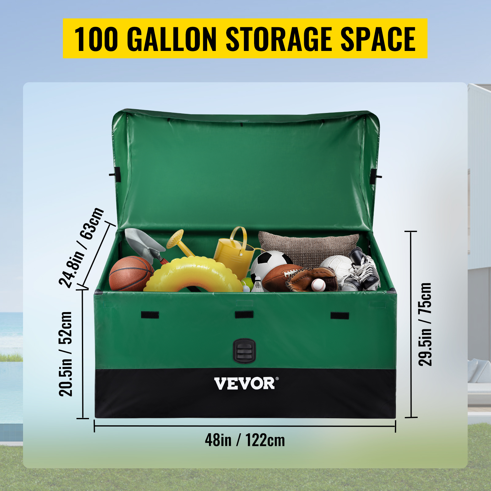 VEVOR outdoor storage box with 100-gallon capacity, filled with sports equipment and garden tools.