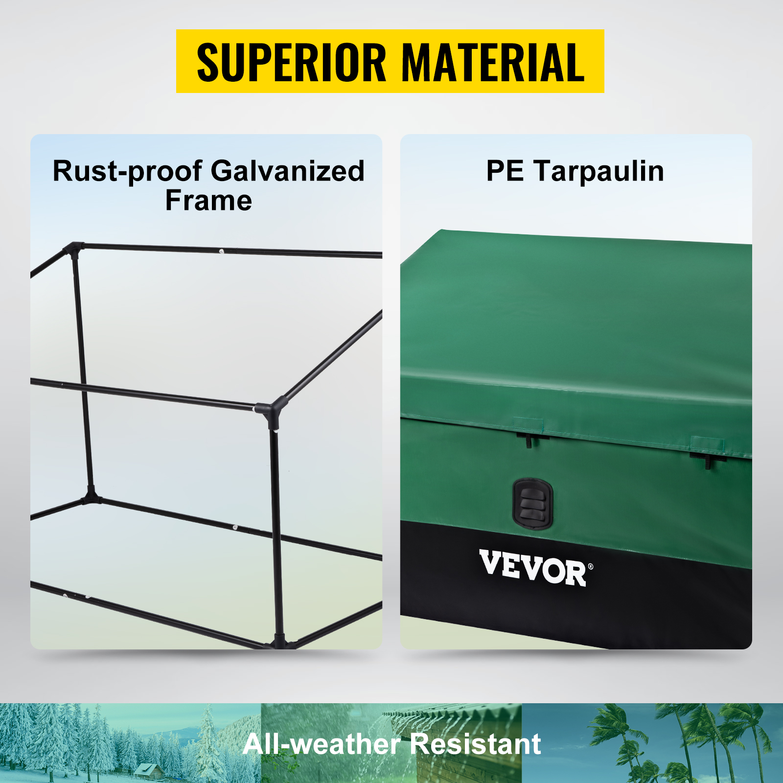 VEVOR outdoor storage box with rust-proof galvanized frame and green pe tarpaulin, all-weather resistant.