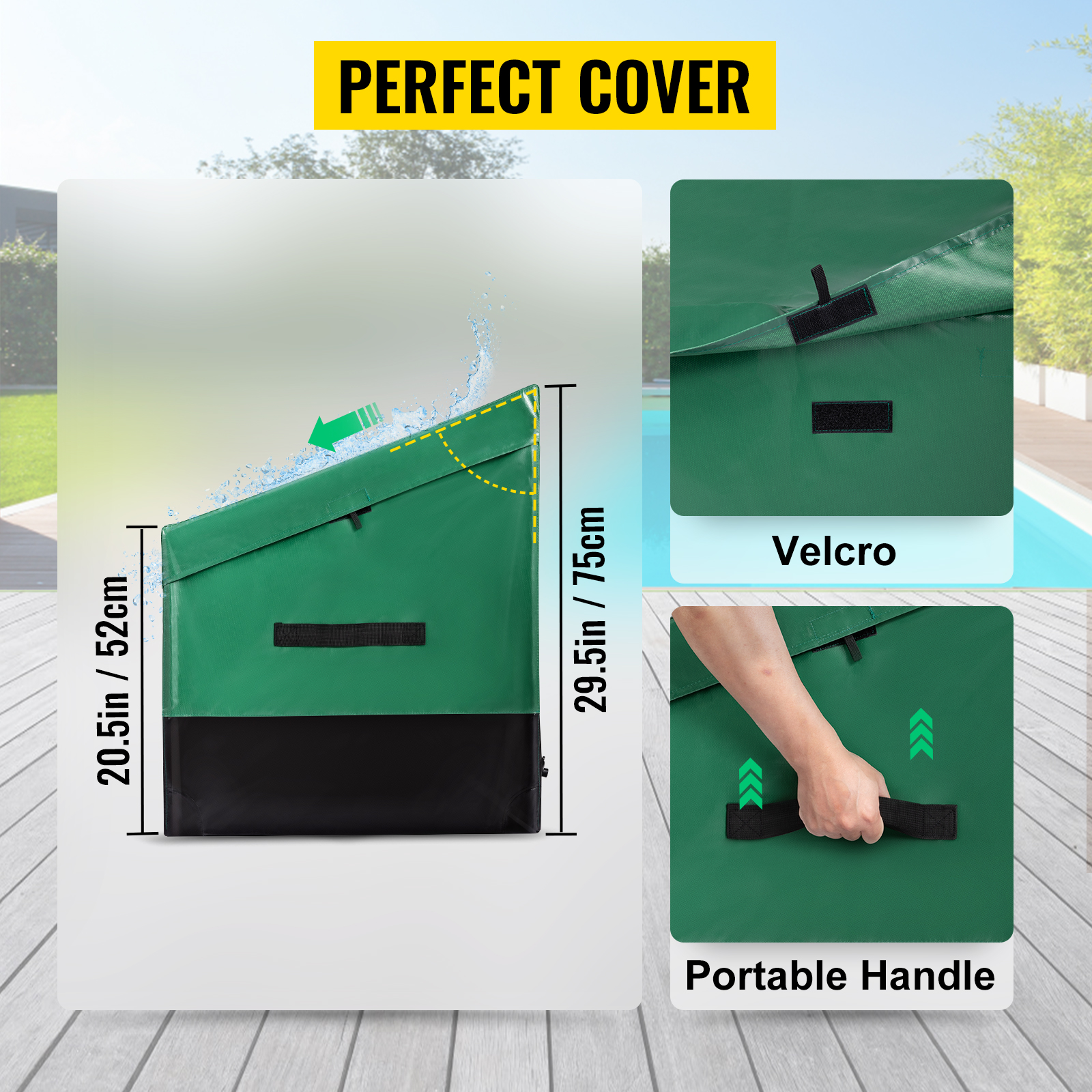 VEVOR outdoor storage box cover with velcro and portable handle near pool, dimensions 20.5in x 29.5in.